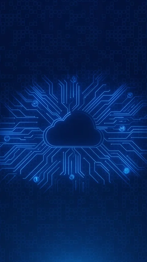 Blue cloud computing circuit glowing network lines, data icons, and digital stor Stock Footage 340564535