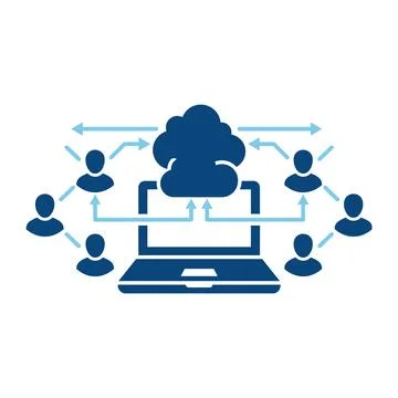 Blue cloud computing concept with people connected to laptop vector Stock Illustration