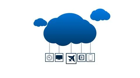 Blue cloud computing icon with various technology animated symbols hanging .. Stock Illustration