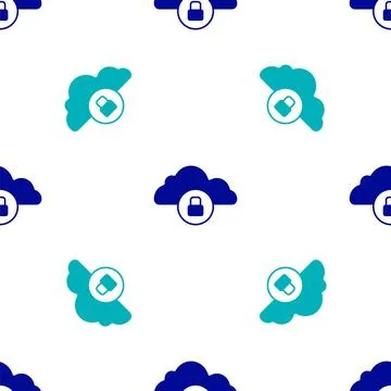 Blue Cloud computing lock icon isolated seamless pattern on white backgroun.. Illustrazione stock