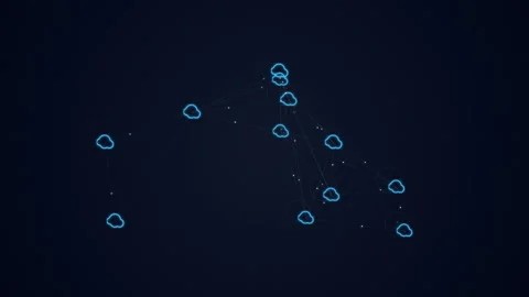 Blue cloud computing network nodes transferring glowing data particles in Stock Footage 348336029