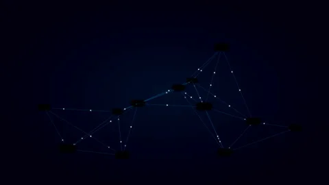Blue cloud computing nodes and data packets moving in digital network background Stock Footage 348328050