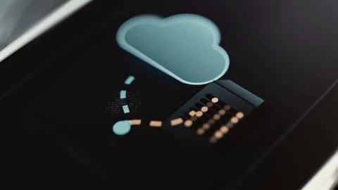 Blue cloud connects through dotted paths to a server block and a circular 库存照片