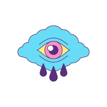 Blue cloud with crying tears drop eye psychedelic cartoon groovy icon vector  Illustrazione stock