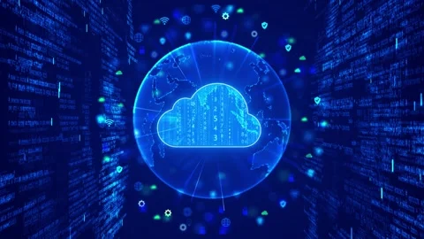 Blue cloud data center visual global earth sphere, floating icons, code panels, Stock Footage 340527372