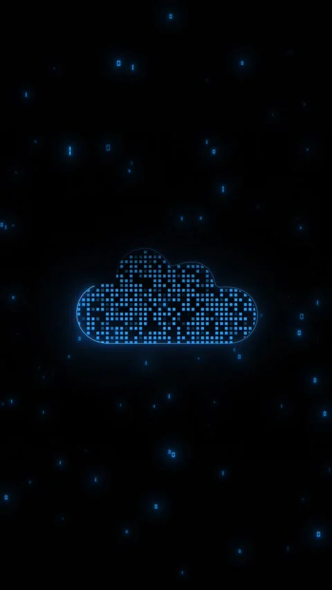 Blue cloud data storage pixel cloud icon, glowing binary marks, black copy space Stock Footage 340557980