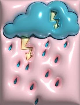 Blue cloud with drops and lightning, 3D rendering illustration Stock Illustration