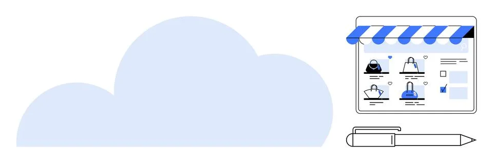 Blue cloud element with an online store interface displaying products and a d Stock Illustration