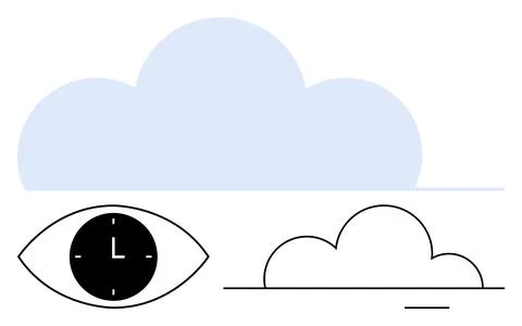 Blue cloud, eye with clock symbol, minimal black lines. Ideal for time manage Illustrazione stock