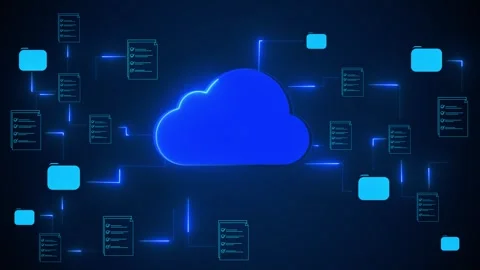 Blue cloud file network background glowing folders, document icons, connected Stock Footage 334126437