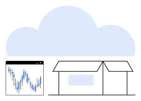 Blue cloud hovering above a warehouse with a data analytics chart window. Ide Stock Illustration