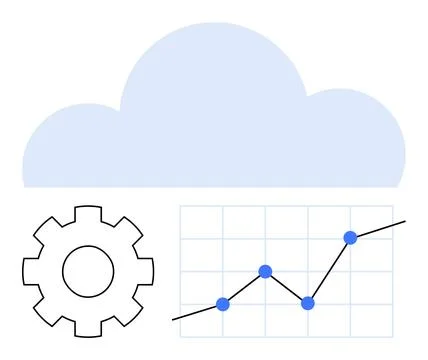 Blue cloud icon above gear and rising line chart with points on grid. Ideal f 스톡 일러스트