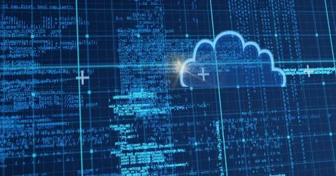 Blue cloud icon over blue grid lines and data processing background Illustrazione stock