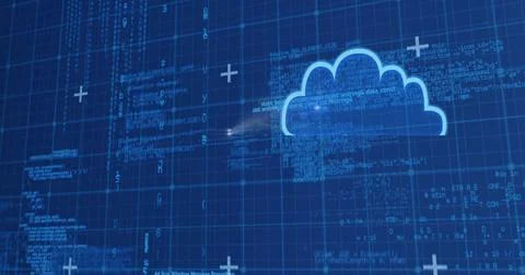 Blue cloud icon over blue grid lines and data processing background Illustrazione stock