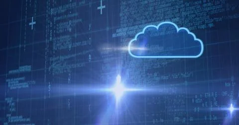 Blue cloud icon over blue grid lines and data processing background Illustrazione stock