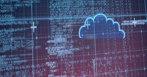 Blue cloud icon over gradient grid lines and data processing background Illustrazione stock