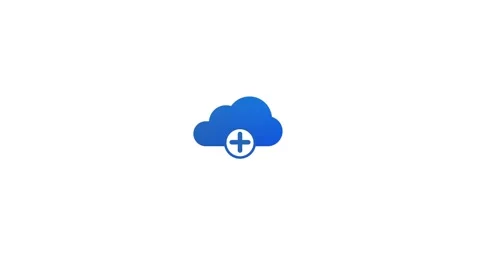 Blue cloud icon with a plus sign inside a circle on a animation white backg.. Stock Footage 321854755