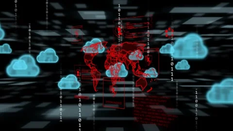 Blue cloud icons appearing and moving inward, red wireframe map emitting lines, Stock Footage 334768649