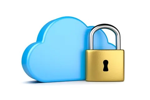 Blue Cloud with Metal Padlock 3D Illustration on White Background 스톡 일러스트