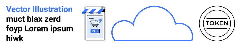 Blue cloud, mobile device with shopping cart and buy button, black token embl Stock Illustration