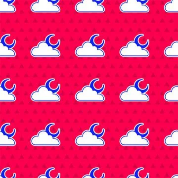 Blue Cloud with moon icon isolated seamless pattern on red background. Cloudy Stock Illustration