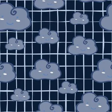 Blue cloud in nigth sky seamless pattern on stripes. Doodle character sleepin イラスト素材