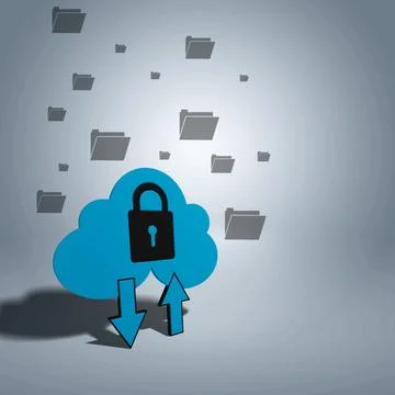 Blue cloud with a padlock, featuring upload and download arrows. Grey file .. Stock Photos