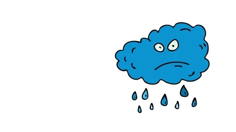 Blue cloud pouring rain with a sad face suggesting it wanted to be a normal Stock-Footage 132071457