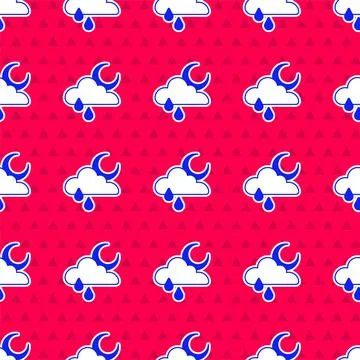 Blue Cloud with rain and moon icon isolated seamless pattern on red background 스톡 일러스트