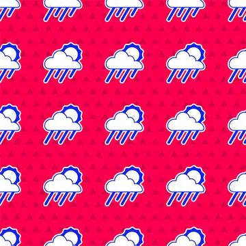 Blue Cloud with rain and sun icon isolated seamless pattern on red background イラスト素材