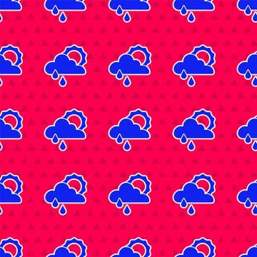 Blue Cloud with rain and sun icon isolated seamless pattern on red background Stock Illustration