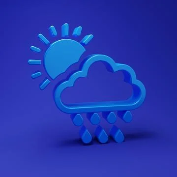 Blue Cloud with rain and sun icon isolated on blue background. Rain cloud p.. Stock Illustration