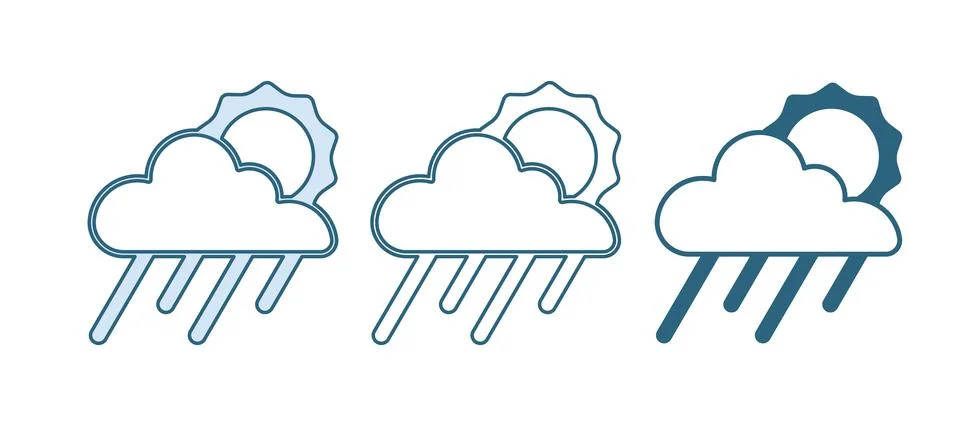 Blue Cloud with rain and sun icon isolated on white background. Rain cloud .. Stock Illustration