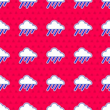 Blue Cloud with rain icon isolated seamless pattern on red background. Rain 스톡 일러스트