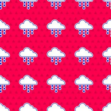 Blue Cloud with rain icon isolated seamless pattern on red background. Rain イラスト素材