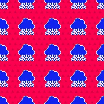 Blue Cloud with rain icon isolated seamless pattern on red background. Rain Stock Illustration