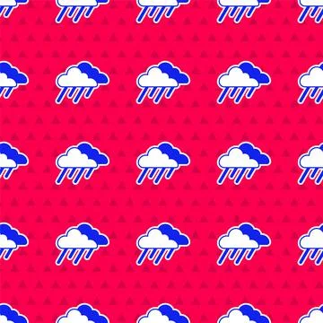 Blue Cloud with rain icon isolated seamless pattern on red background. Rain Stock Illustration