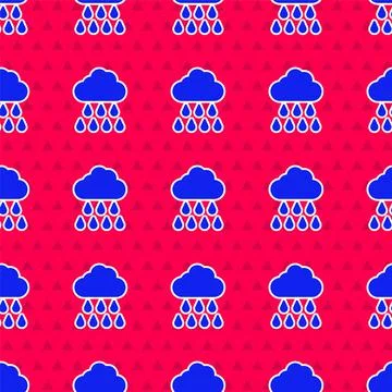 Blue Cloud with rain icon isolated seamless pattern on red background. Rain Stock Illustration
