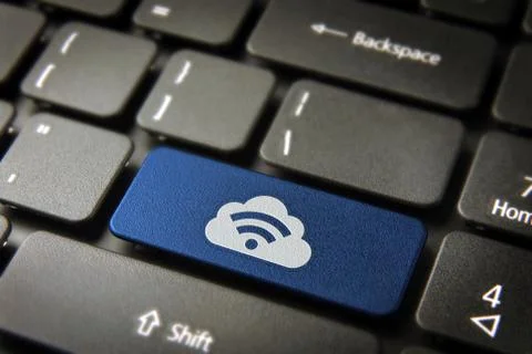 Blue cloud rss computing keyboard key, internet business background Foto stock
