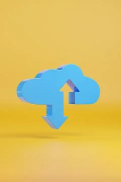 Blue cloud shape with up and down arrows on yellow background. Internet conce Stock Illustration