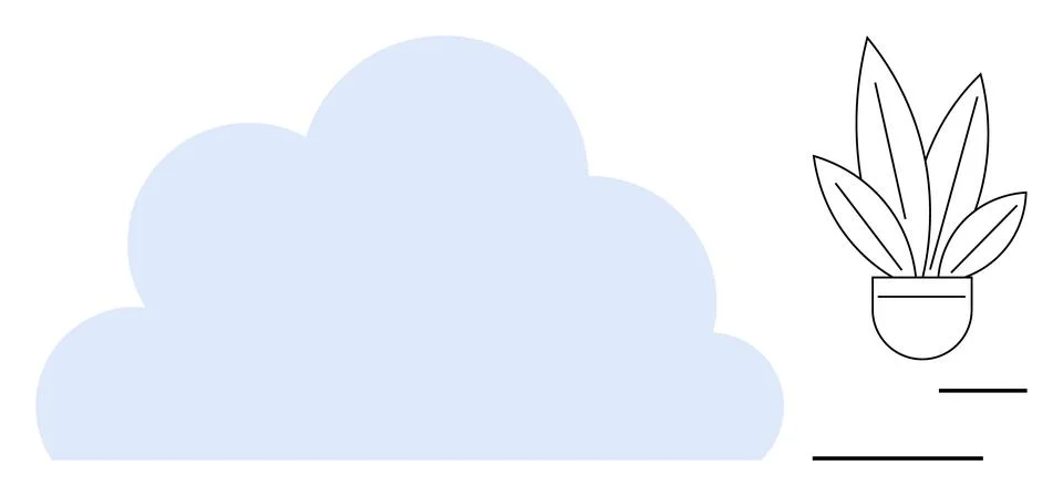 Blue cloud shape with minimal black outline potted plant beside two horizon.. Illustrazione stock