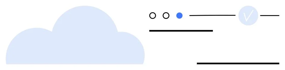 Blue cloud shape, three circles, lines, check mark in blue circle. Ideal for  Illustrazione stock