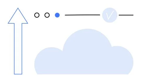 Blue cloud shape, upward blue outlined arrow, sequence of three dots with one Illustrazione stock