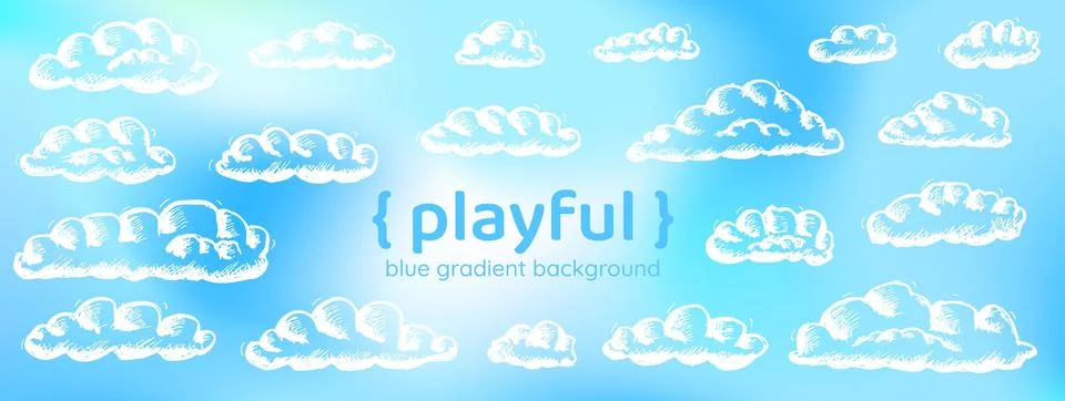 Blue cloud sky gradient with playful kid doodle and naive sketch. Fresh blue Stock Illustration