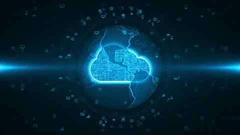 Blue cloud storage and earth sphere with icon technology futuristic background Stock Footage 148489648