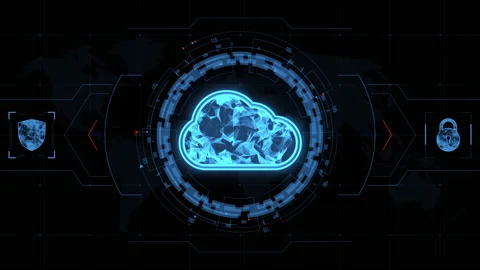 Blue cloud storage icon with head up display technology and futuristic elements Stock Footage 147838946