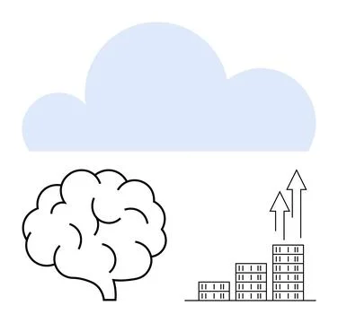 Blue cloud with stylized brain suggesting AI and data storage, growth chart w Illustrazione stock