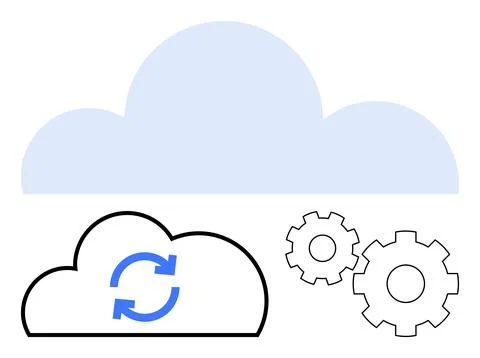 Blue cloud with synchronization arrows next to black and white gears. Ideal f Stock Illustration