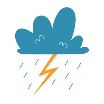 Blue cloud with a yellow lightning bolt and rain. Vector illustration isolate Stock Illustration