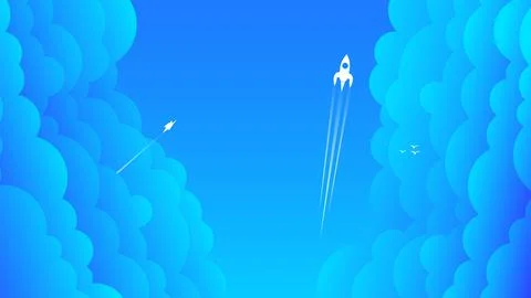 Blue clouded sky and small rocket silhouette vector illustration. Stock Illustration